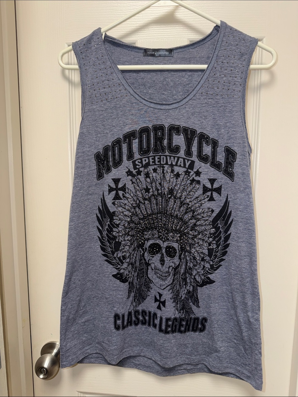 Women's Muscle Tee - Heather Blue Motorcycle Graphic